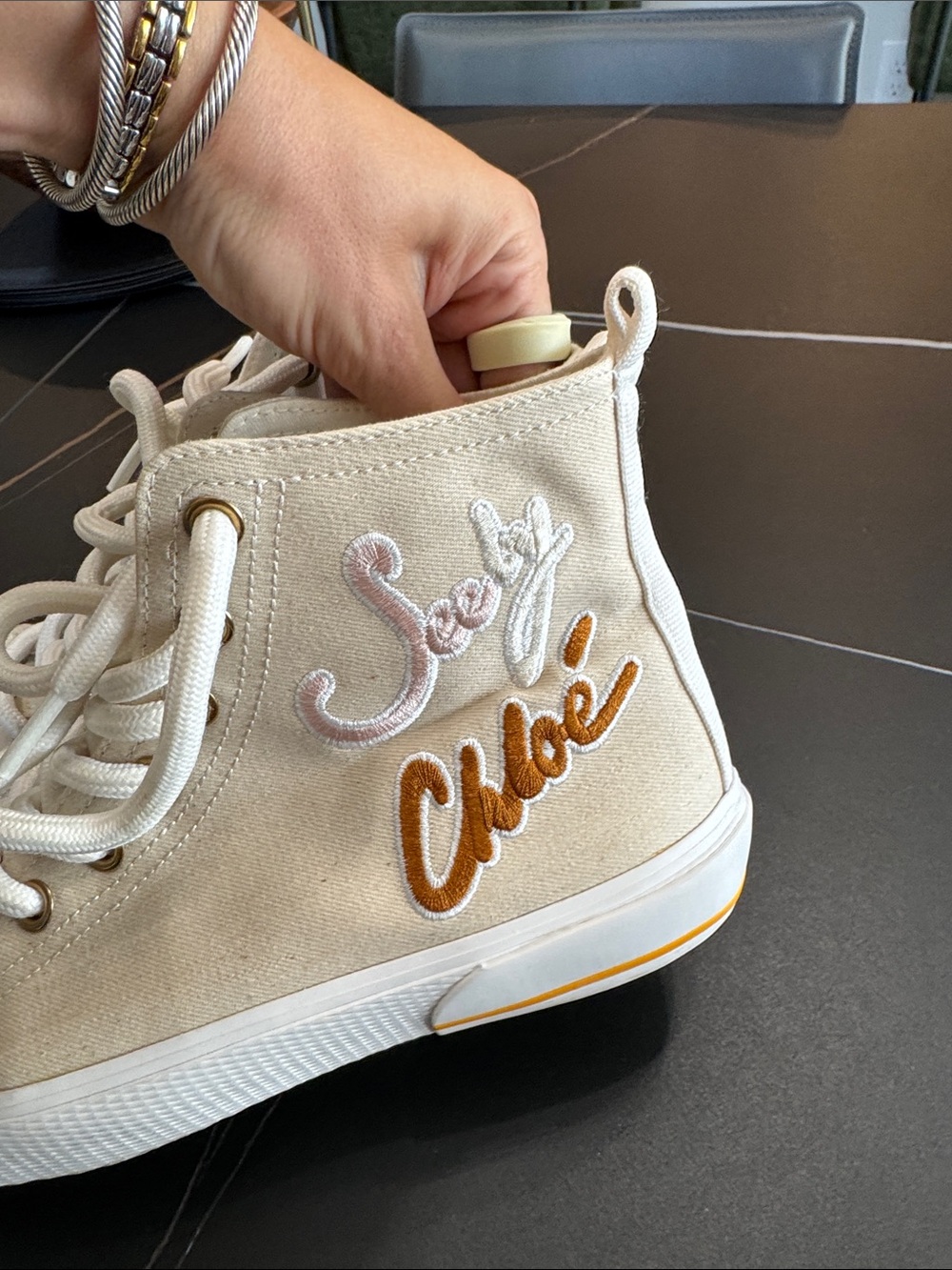 See By Chloé Cream High-Top Canvas Sneakers with Gold Script - Picture 8 of 12